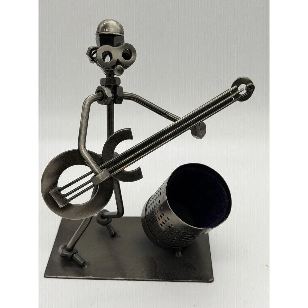 Nuts & Bolts Band Drummer and Guitar  Desk Pen Holders Metal Musicians Sculpture